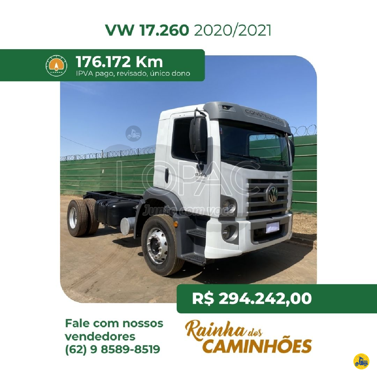 CAMINHAO VOLKSWAGEN VW 17260 Chassis 3/4 4x2 LOPAC  HIDROLANDIA GOIAS GO