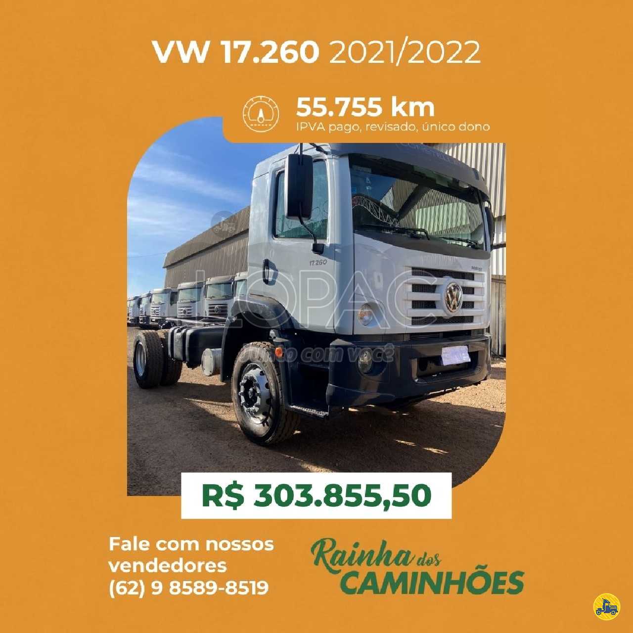 CAMINHAO VOLKSWAGEN VW 17260 Chassis 3/4 4x2 LOPAC  HIDROLANDIA GOIAS GO
